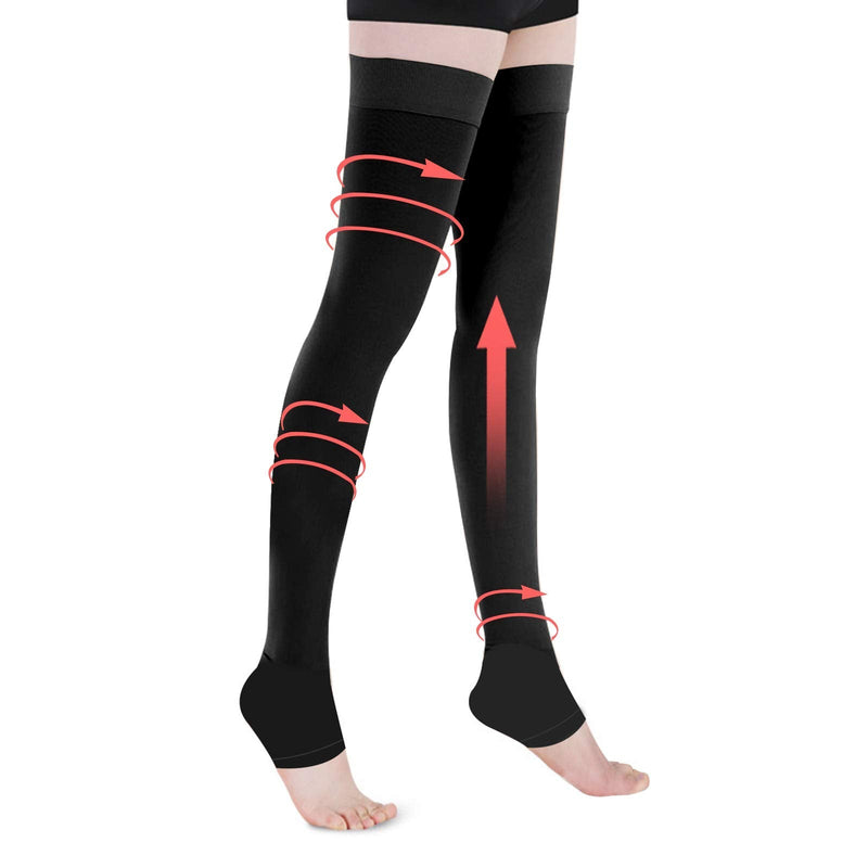 [Australia] - Compression Stockings Thigh High for Women Men 20-30 mmhg Graduated Compression Socks Open Toe Compression Support Hose with Non-Slide Silicone Dot Band for Swelling and Varicose Veins (Black,L) Black Large (1 Pair) 
