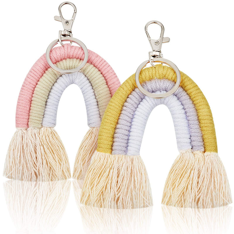 [Australia] - 2 Pieces Macrame Rainbow Keychains Rainbow Tassel Keychains for Women Girls Yellow, Pink 