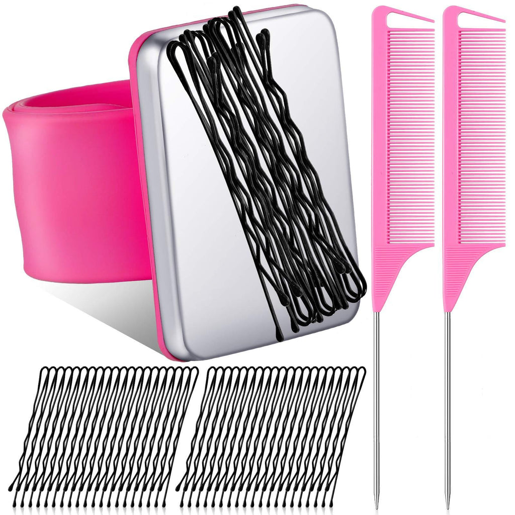 [Australia] - Magnetic Silicone Wrist Strap Bracelet Magnetic Bobbie Pin Hair Clips Bracelet Magnetic Wrist Sewing Pincushion with 2 Pieces Hair Parting Comb, 72 Pieces Hairpins for Quilting Sewing Pin Hair Clips Pink 