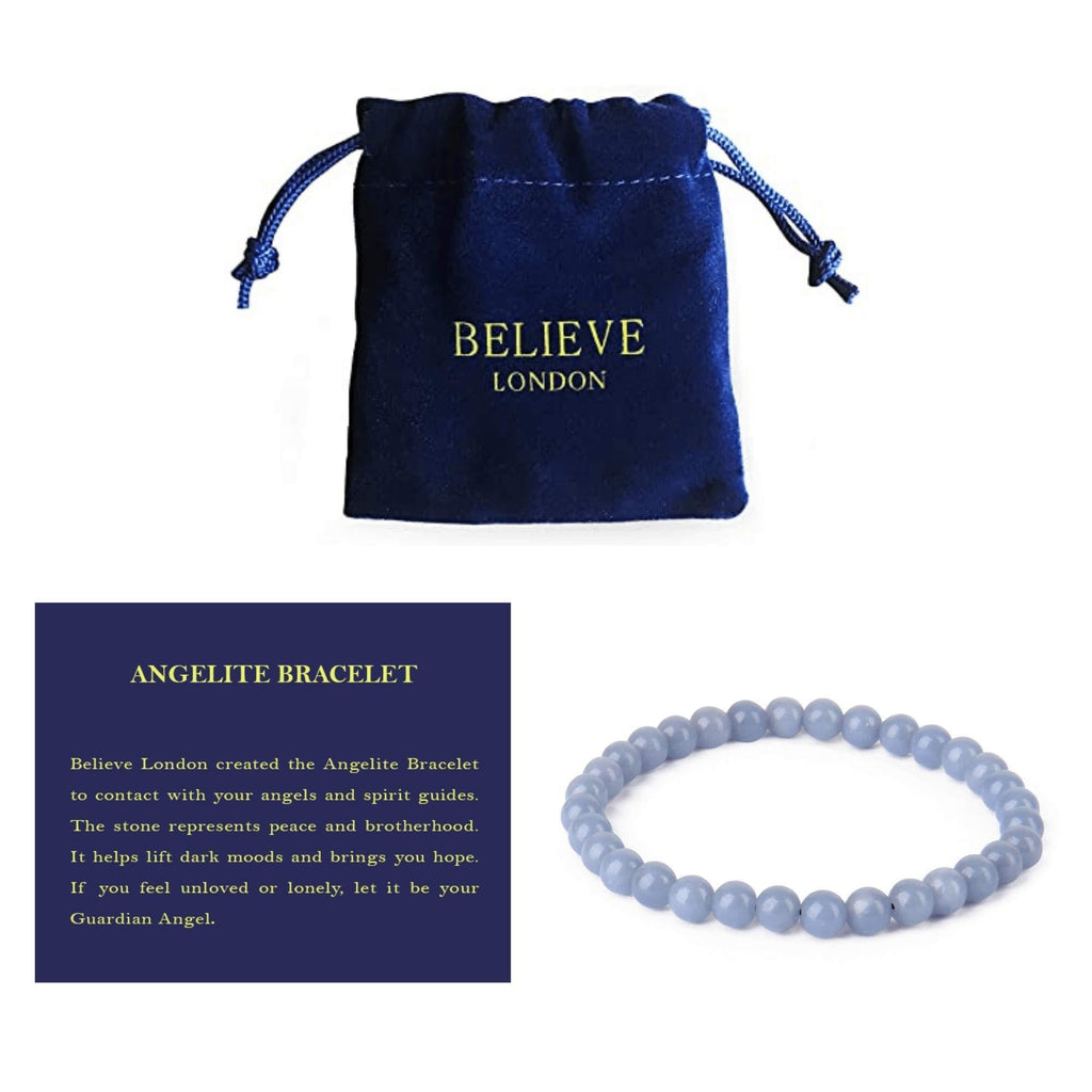 [Australia] - Believe London New Gemstone Healing Chakra Bracelet Anxiety Crystal Natural Stone Men Women Stress Relief Reiki Yoga Diffuser Semi Precious Angelite 6.5" 