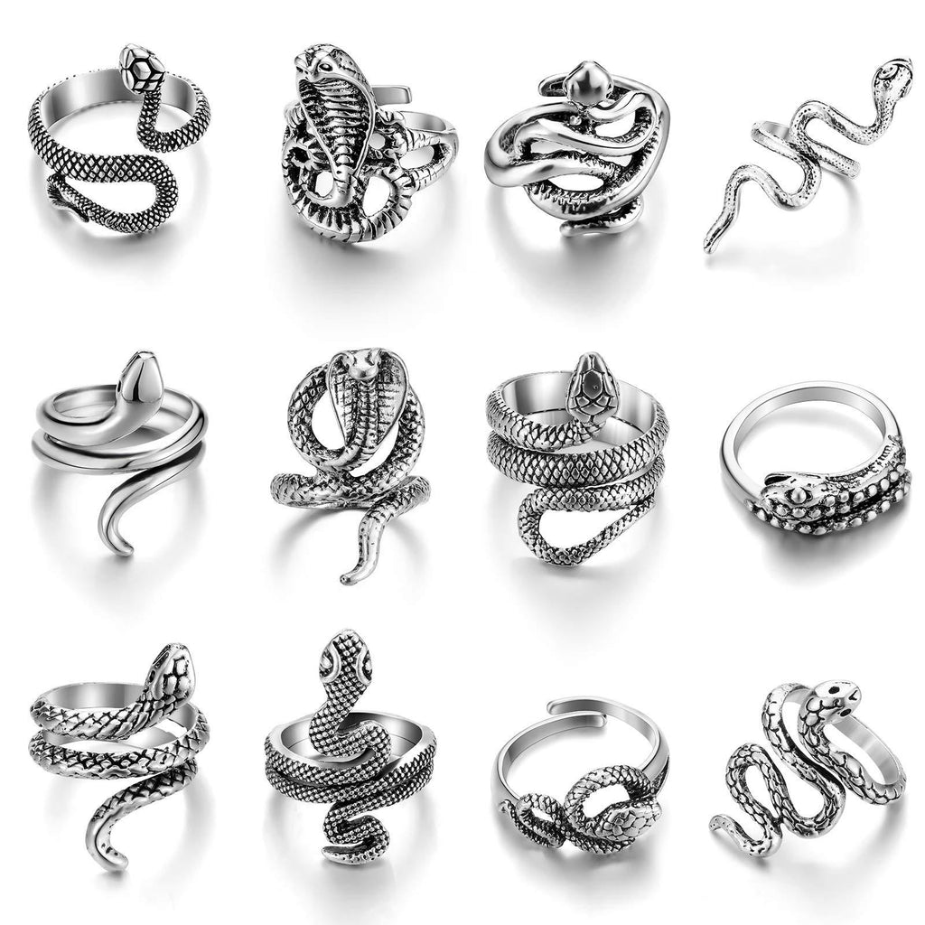 [Australia] - 12 Pieces Snake Ring Animal Punk Vintage Ring Set for Men Women Retro Opening Adjustable Ring 