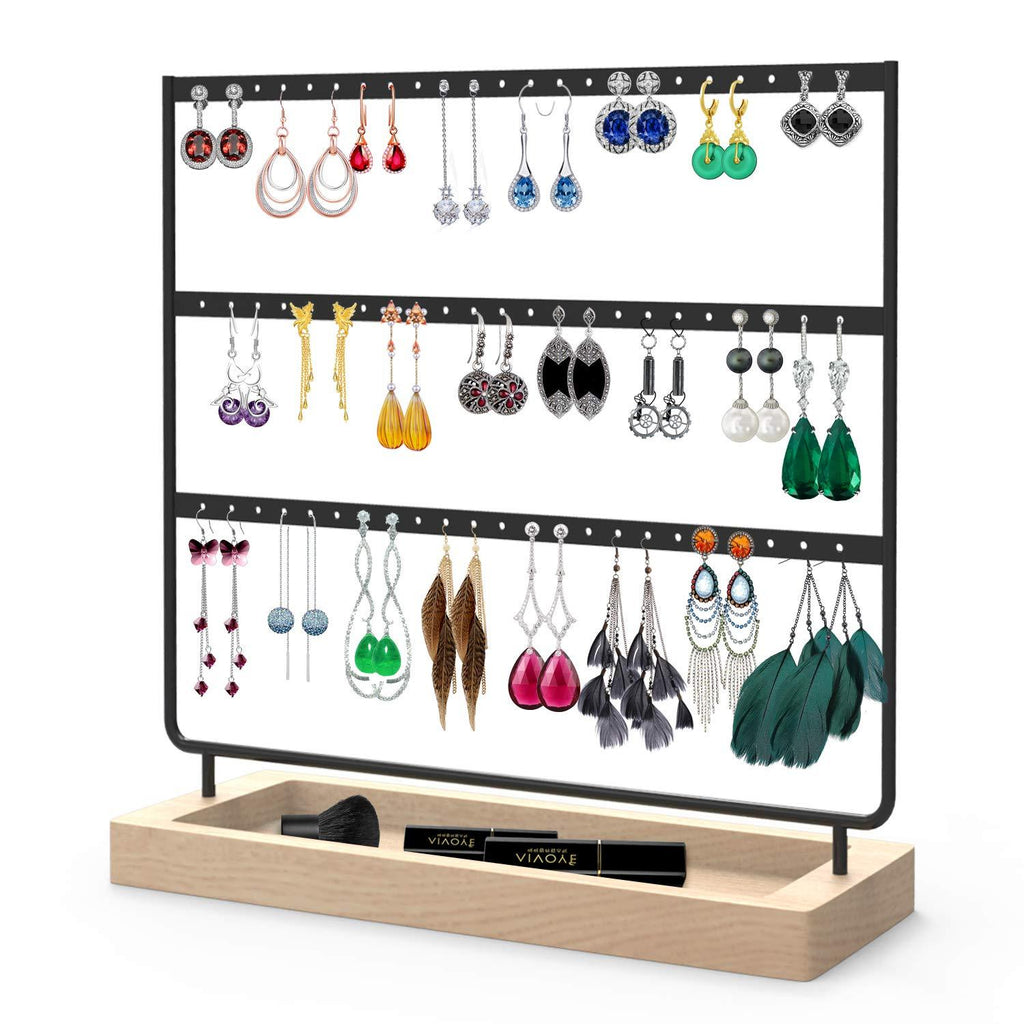 [Australia] - Earrings Organizer Jewelry Display Stand, 3-Tier Earring Holder Rack with Wooden Tray for Earrings Necklaces Bracelets and Rings Large Storage Earring Jewelry Display Tree as Women Girls Gift Black 
