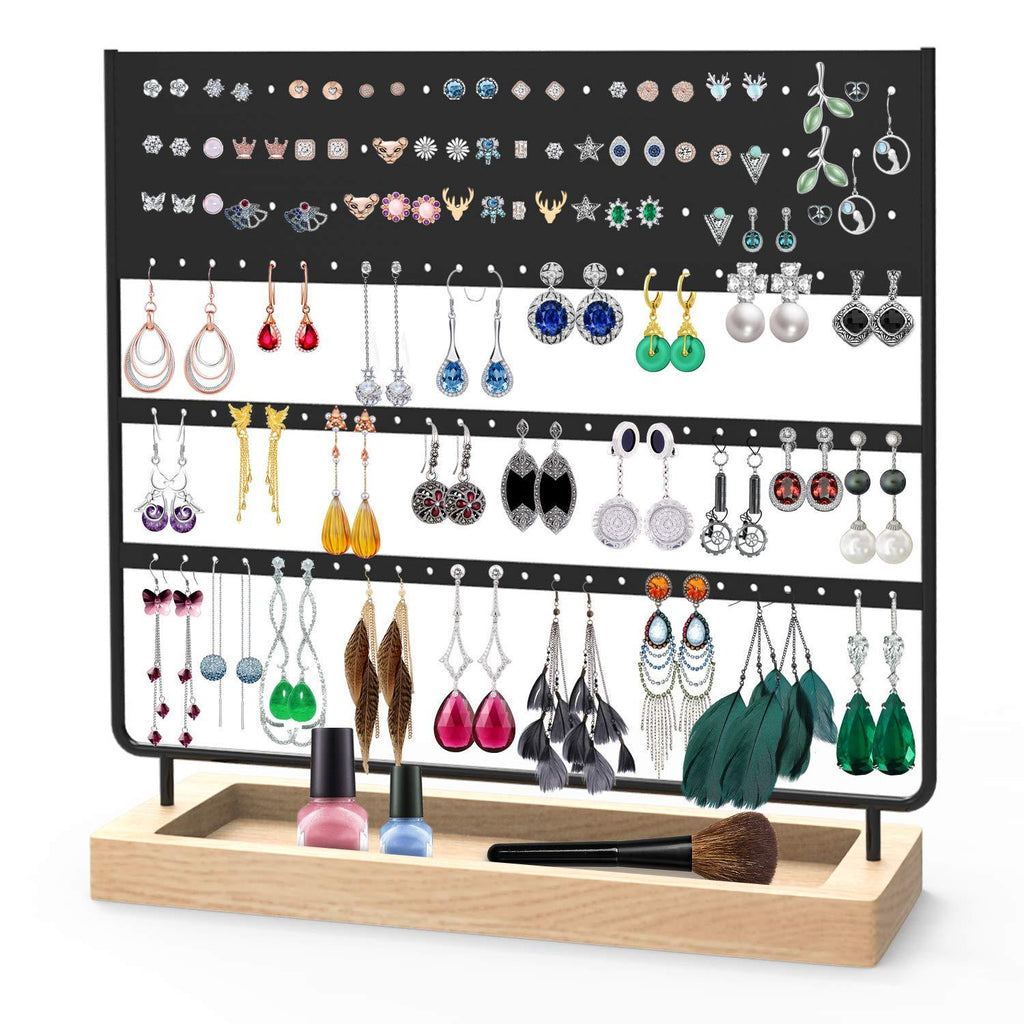 [Australia] - Earrings Organizer Jewelry Display Stand, 144 Holes Earring Holder Rack with Wooden Tray for Earrings Necklaces Bracelets and Rings Large Storage Earring Jewelry Display Tree as Women Girls Gift Black 