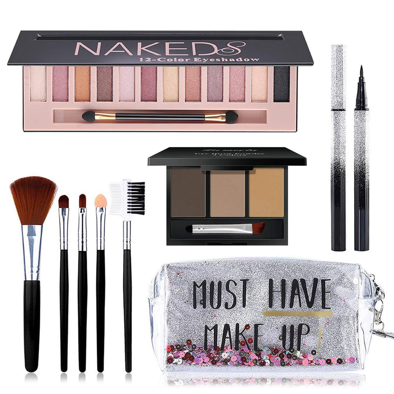 [Australia] - All in One Makeup Kit, Includes 12 Colors Naked Eyeshadow Palette, 5Pcs Makeup Brushes, Waterproof Eyeliner Pencils, Eyebrow Powder and Quicksand Cosmetic Bag, Gift Set for Women, Girls & Teens 