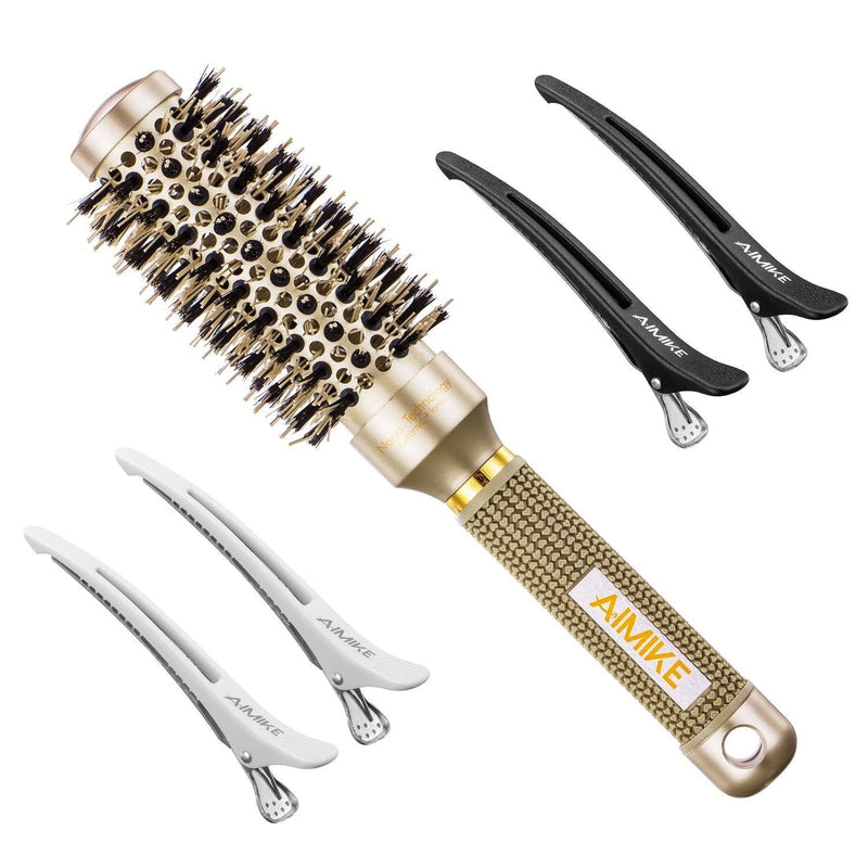 [Australia] - AIMIKE Round Brush, Nano Thermal Ceramic & Ionic Tech Hair Brush, Small Round Barrel Brush with Boar Bristles for Blow Drying, Styling, Curling and Shine (2.4 inch, Barrel 1.3 inch) + 4 Free Clips 32mm-1.3 Inch (2.4 Inch with Bristles) 