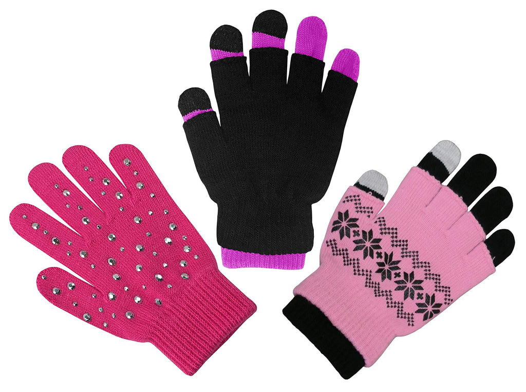 [Australia] - N'Ice Caps Boys Girls Magic Stretch Gloves 3 Pair Pack Assortment Fuchsia Silver/Black Neon Pink/Pink 3-5 Years 