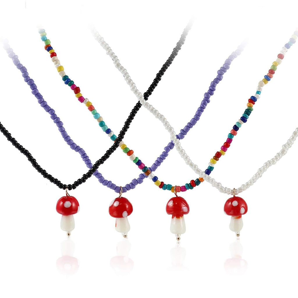 [Australia] - Pingyongchang Cute 4pcs Colorful Beads Chain Dainty Mushroom Shape Pendant Necklace Set Sweet Fresh Vegetables Mushroom Choker Jewelry Set for Women Girls Men 