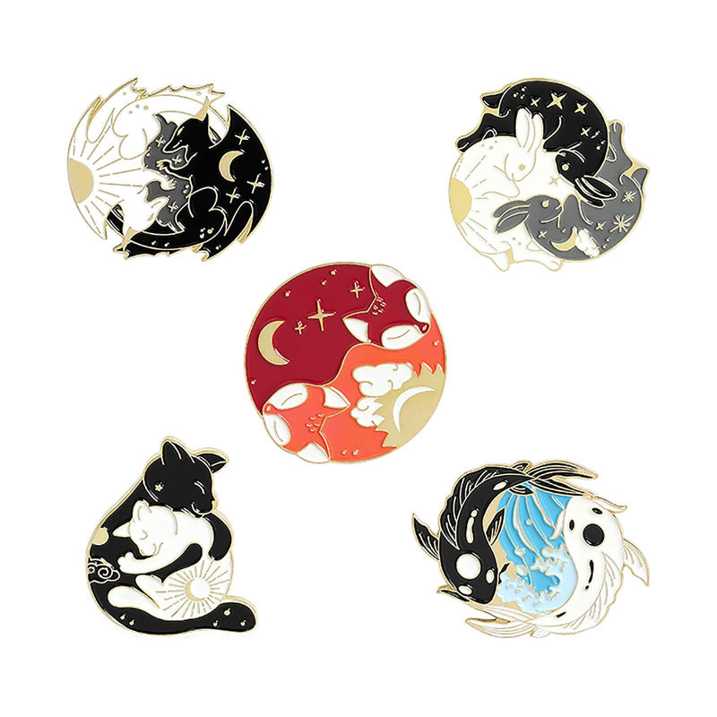 [Australia] - Cartoon Yin Yang Enamel Pins Sets -Cute Cat Brooch Pins for Women Men Lovely Hugging Circle Rabbits Fish Fox Dinosaur Lapel Pins Badges Accessories Gifts 