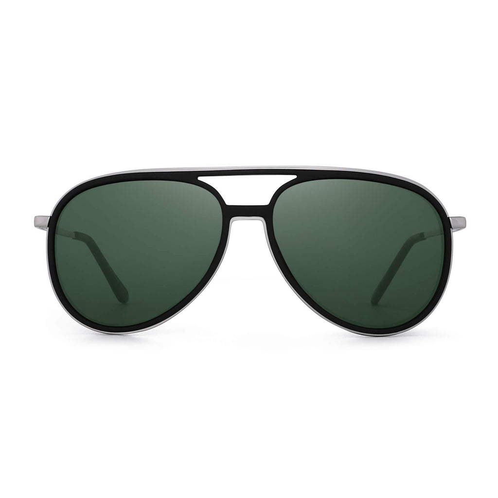 [Australia] - GLINDAR Retro Polarized Aviator Sunglasses Men Women Lightweight Plastic Driving Glasses Black Silver Frame / Polarized Green Lens 59 Millimeters 