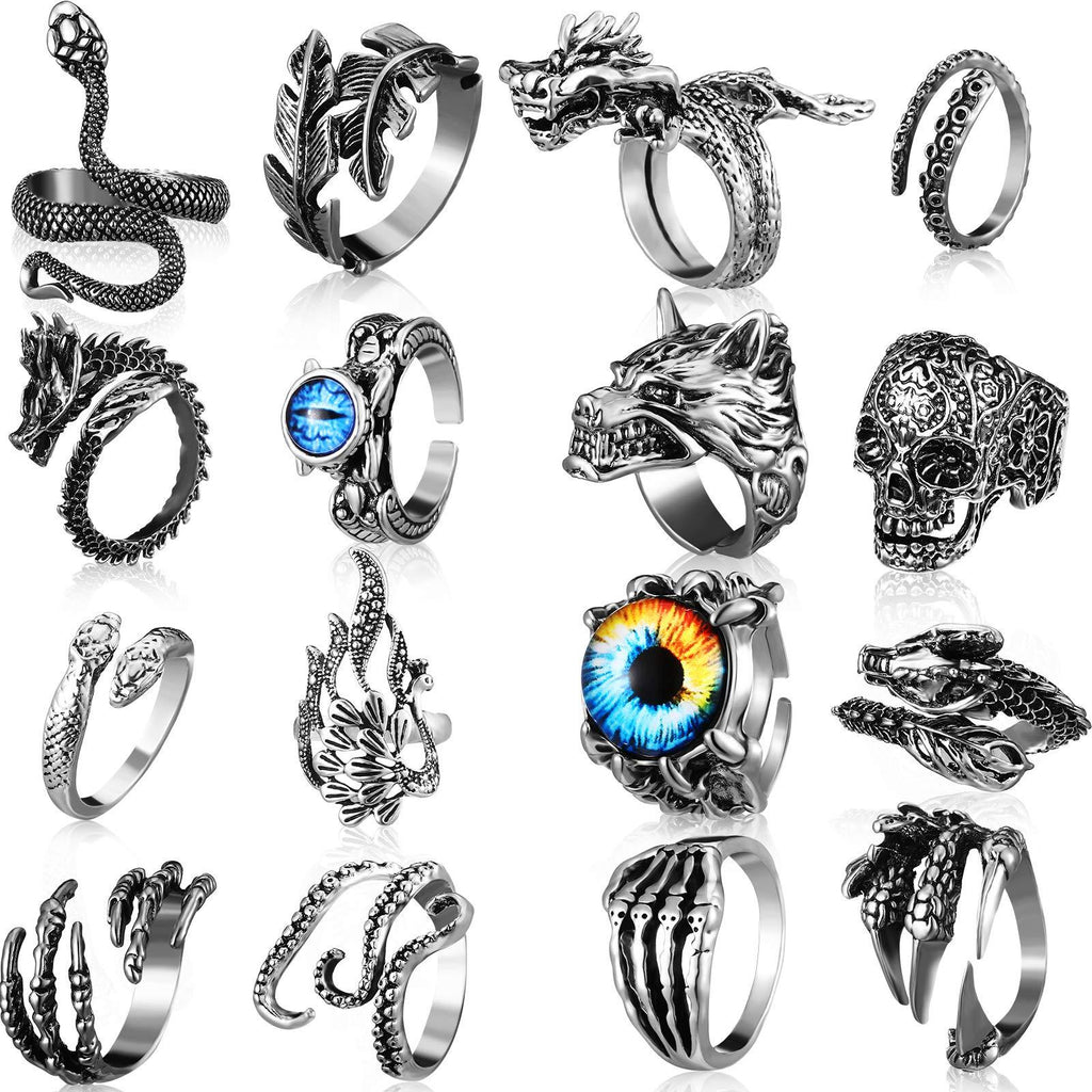 [Australia] - Yaomiao 16 Pieces Vintage Punk Rings Gothic Octopus Dragon Snake Skull Finger Ring Alloy Open Ring Stackable Adjustable Retro Ring for Men Women 