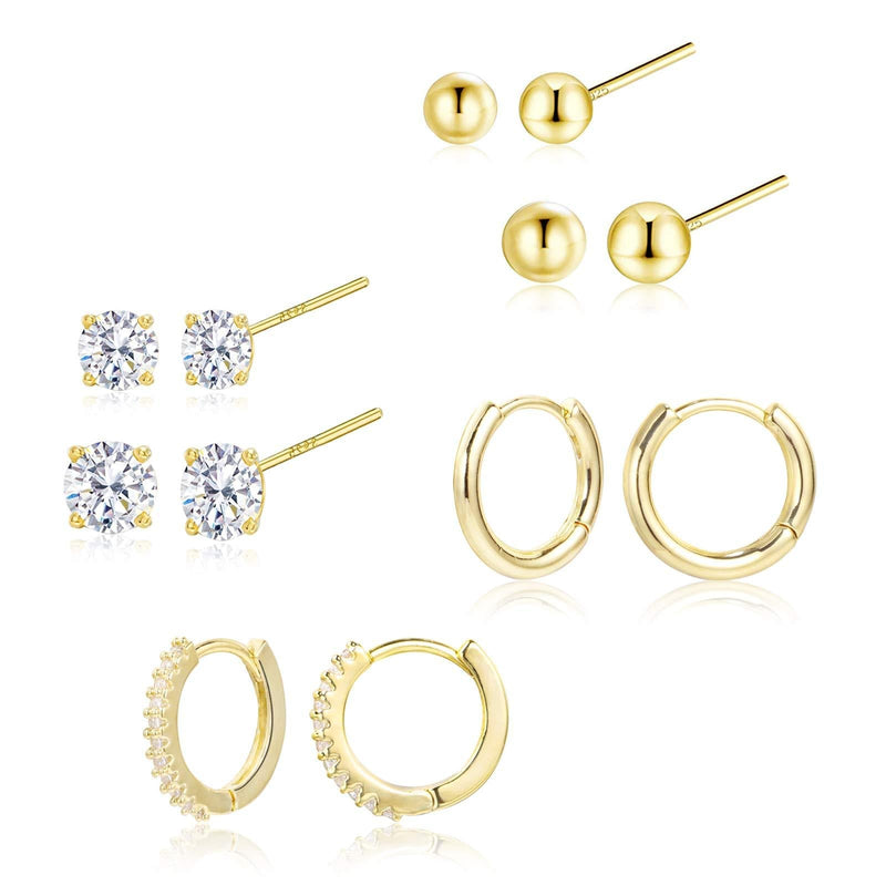 [Australia] - Earring Set for Women 6 Pairs Cubic Zirconia Stud Sets | 14K Gold Plated Small Hoop Huggie Earrings 