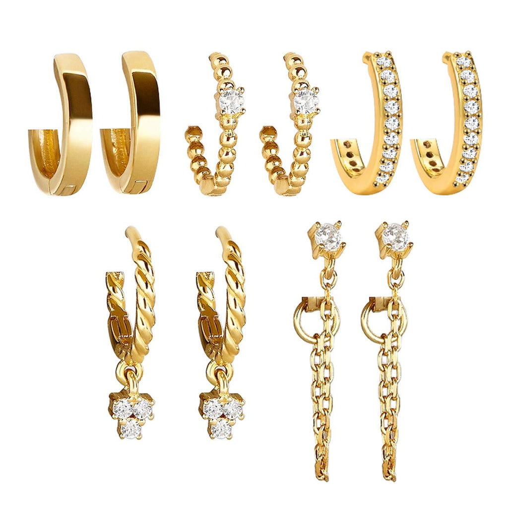 [Australia] - 5 Pairs Gold Silver Huggies Hoop Earrings Set for Women Girls Small Tiny Dangle Cubic Zirconia Chain Hoop Earrings Jewelry for Gifts 