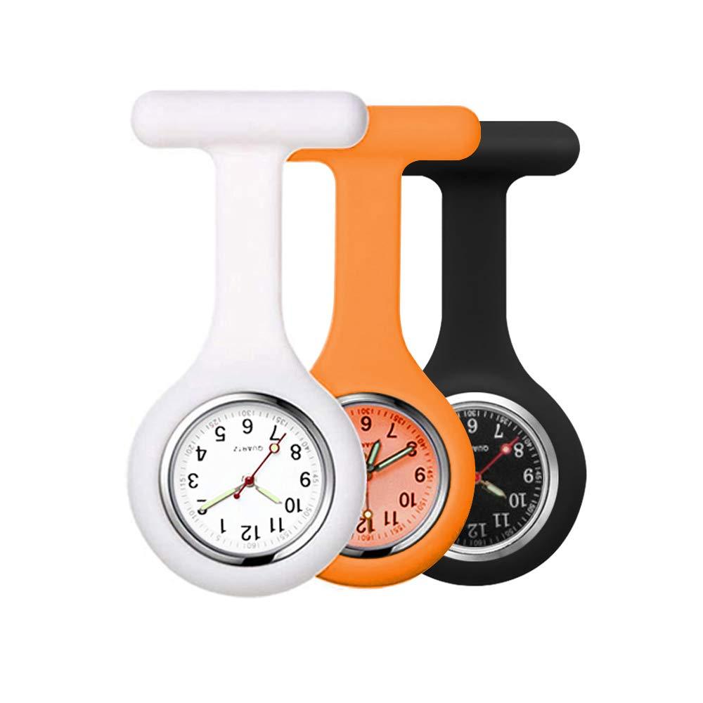 [Australia] - Set of 3 Nurse Fob Watches, Silicone Doctor Pocket Lapel Clip On Watches Gift White Orange Black 