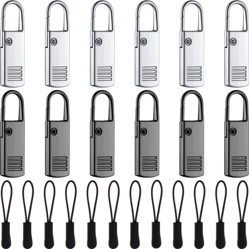 [Australia] - 12 Pieces Zipper Pull Replacement and 12 Luggage Zipper Pull Tab Extender Metal Zipper Handle Mend Fixer Zipper Tag Cord Pull for Suitcases Backpack Jacket Coat Boot Craft (Black, Silver) Black, Silver 