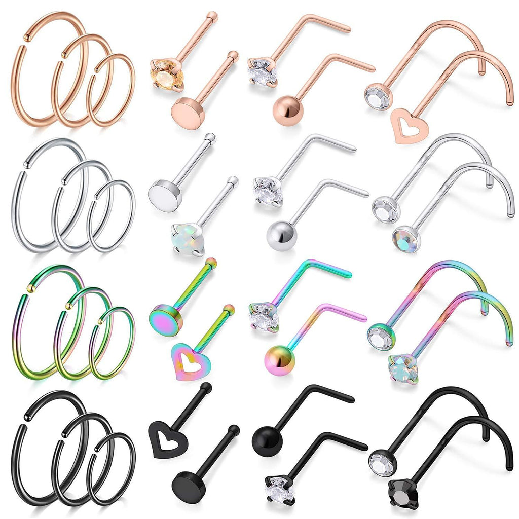 [Australia] - Dyknasz 20g 18G Nose Rings Studs L Shape Nose Screw Surgical Stainless Steel Nose Rings Hoop Diamond Heart Hypoallergenic Nostril Nose Piercing Jewelry for Women Men 36pcs, 18g, mix color 