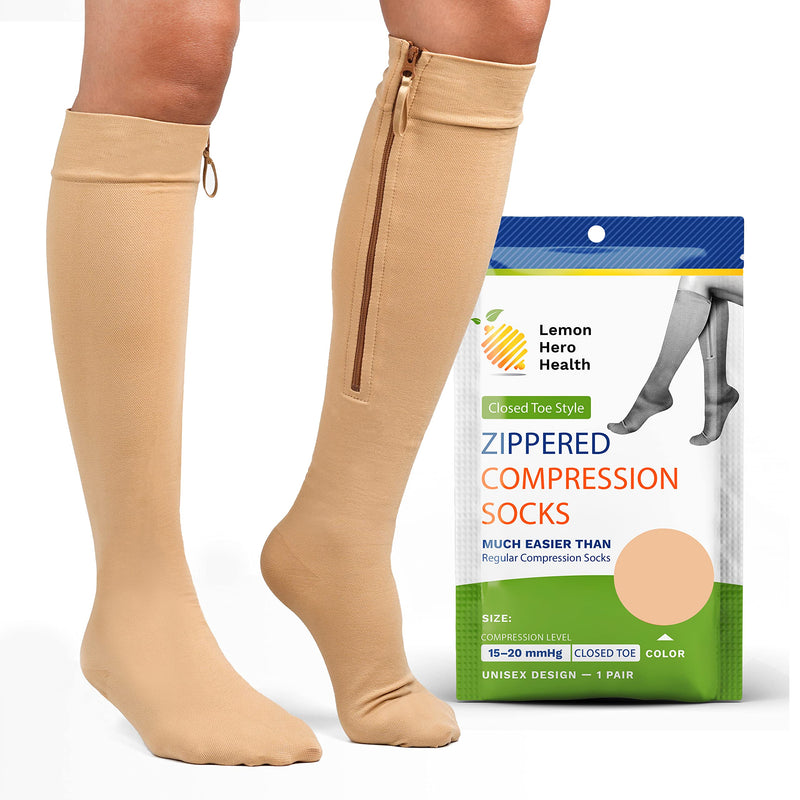 [Australia] - Zipper Compression Socks 15-20mmHg Closed Toe with Zip Guard Skin Protection - Medical Zippered Compression Socks for Men & Women – XL, Beige 