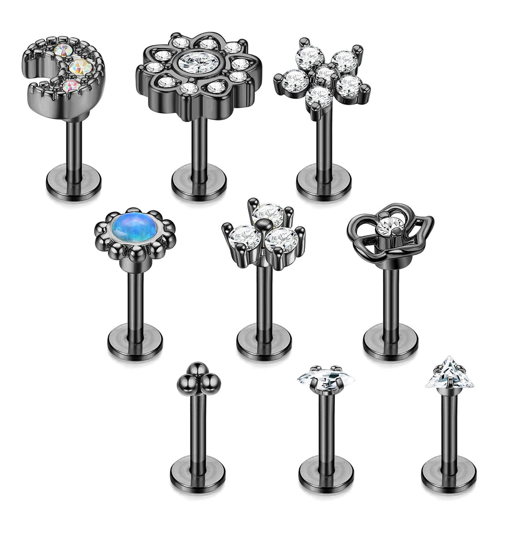 [Australia] - Drperfect 9 Pcs 16G Stainless Steel Tragus Earrings for Women Men Cartilage Helix Piercing Jewelry Lip Rings Nose Labret Studs Black 6.0 Millimeters 