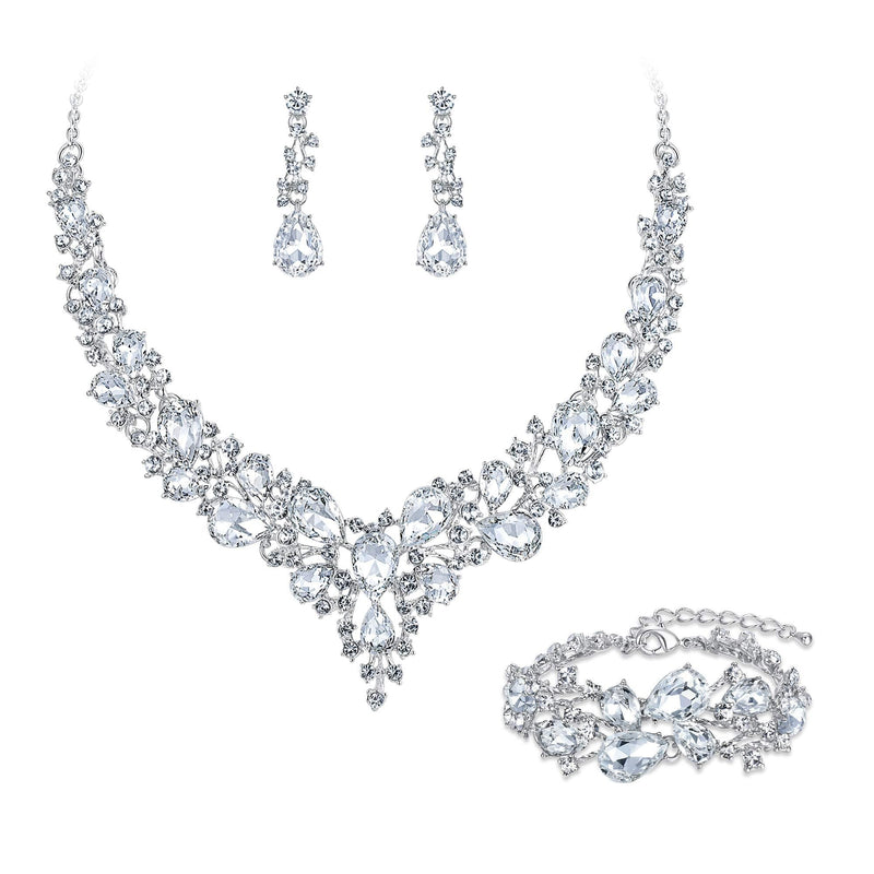 [Australia] - BriLove Wedding Bridal Jewelery for Women Austrian Crystal Teardrop Cluster Statement Necklace Dangle Earrings Link Bracelet Set 01-Clear Silver-Tone 