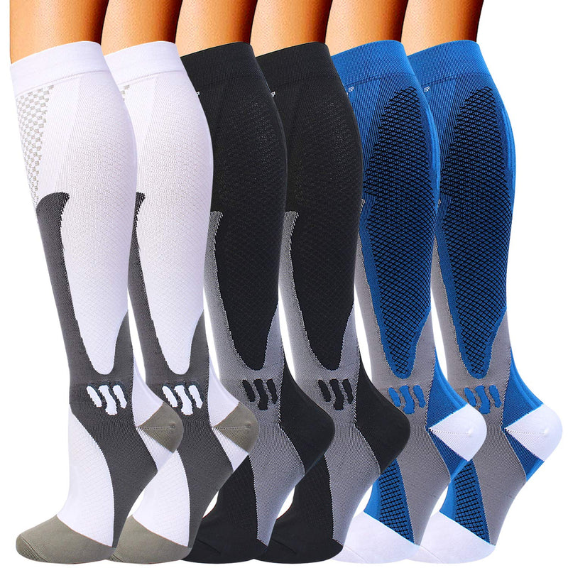 [Australia] - 6 Pairs Compression Socks for Men Women 20-30mmhg Knee High Medical Support for Sports Nurses Circulation Flight Athletic White Blue Black X-Large-XX-Large 