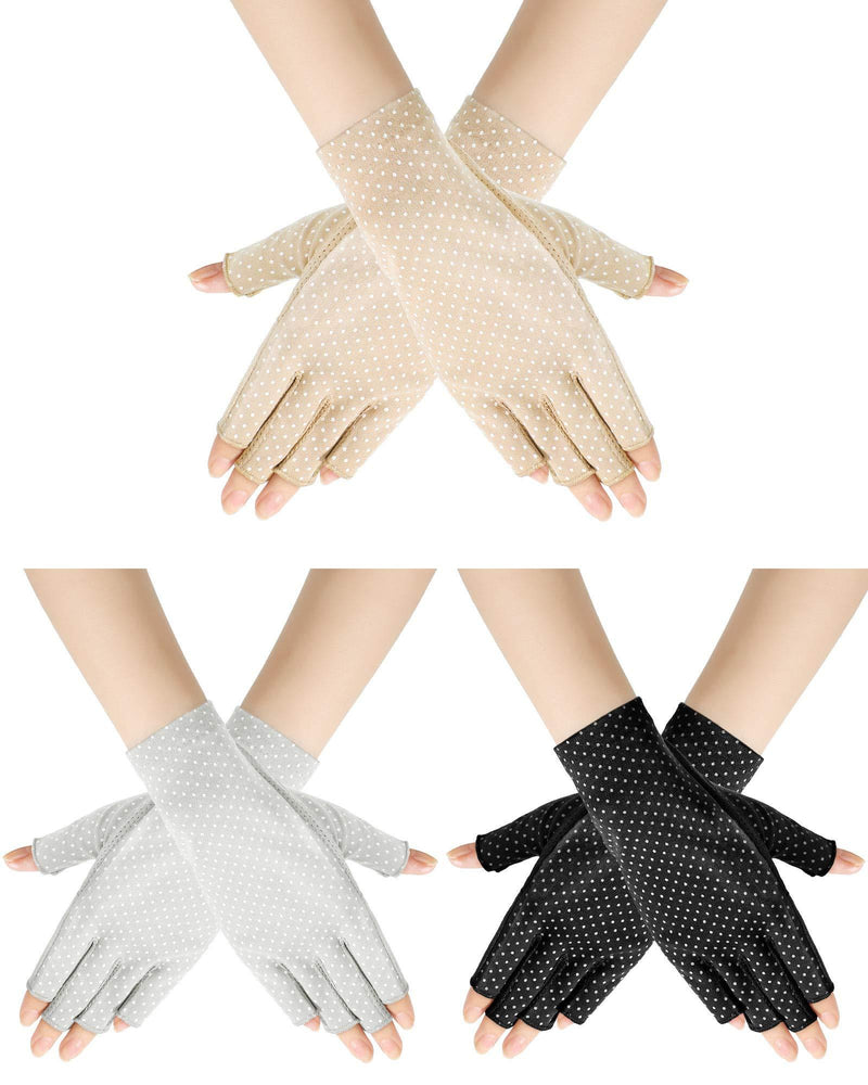 [Australia] - 3 Pairs Sunblock Fingerless Gloves Non-slip UV Protection Driving Gloves Summer Outdoor Gloves for Women Girls Black, Light Beige, Light Gray 