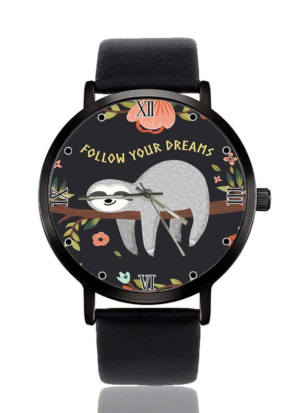 [Australia] - Watch Personalized Custom Watches Casual Black Leather Strap Wrist Watches for Men Women Unisex Baby Sloth 
