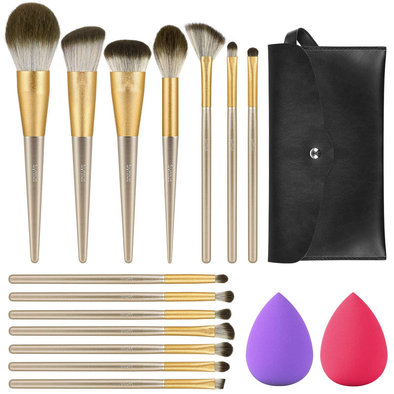 [Australia] - Syntus Makeup Brush Set, Conical Handle Makeup Brushes with Brush Case Bag and Makeup Sponges Premium Synthetic Foundation Powder Kabuki Blush Concealer Eye Shadow, Golden 