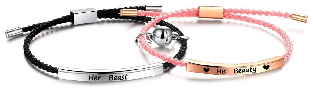 [Australia] - JF.JEWELRY Matching Couples Bracelets Personalized Customize I Love You Bracelets Handmade Braided Bracelet for Lover Stainless Steel Couples Bracelet for Valentine's Day, Free Engraving 6-8 Inch Black & Pink 2 pcs her beast & his beauty 