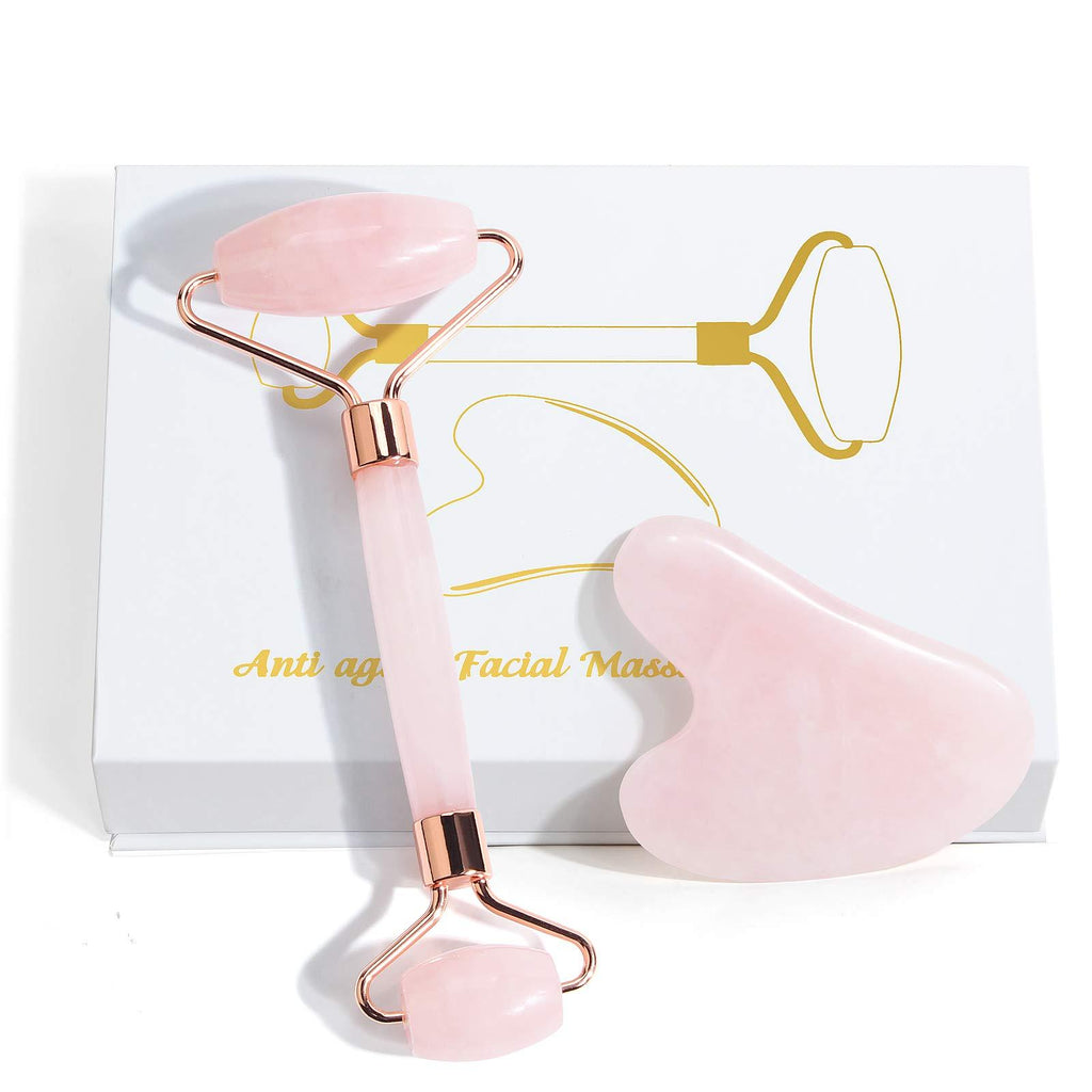 [Australia] - Jade Roller For Face, Gua Sha Facial Tools & Rose Quartz Face Roller Skin Care Product For Face Lift and Puffiness, Anti-aging Facial Roller For Eyes Body Neck Slimming & Firming 