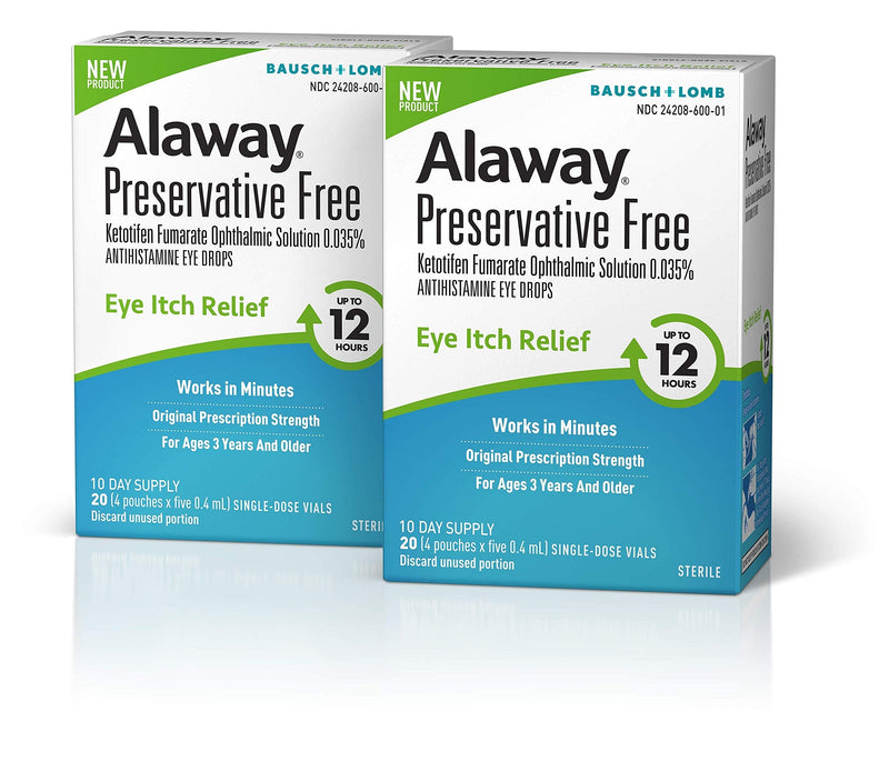 [Australia] - Alaway Allergy Eye Drops, Preservative Free Antihistamine Eye Drop for up to 12 Hours of Dry Eye and Eye Itch Relief, 20 Single-Dose Vials 20 Count (Pack of 2) Pack of 2 
