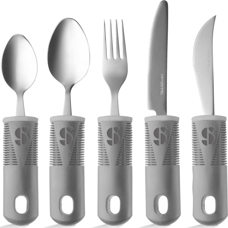 [Australia] - Special Supplies Adaptive Utensils (5-Piece Kitchen Set) Wide, Non-Weighted, Non-Slip Handles for Hand Tremors, Arthritis, Parkinson’s or Elderly Use - Stainless Steel Knives, Fork, Spoons - Grey 