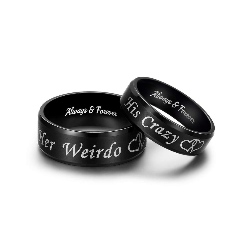 [Australia] - LAVUMO His Crazy Her Weirdo Heart Rings for Couples Always and Forever Matching Promise Rings Black Wedding Bands Sets for Him and Her Stainless Steel Comfort Fit Men Size 10 & Women Size 10 