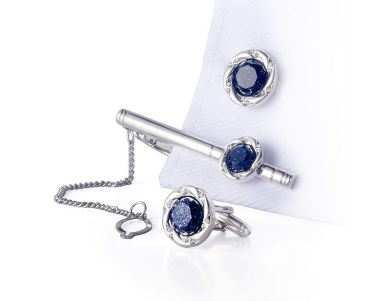 [Australia] - BagTu Crystal Galaxy Cufflinks and Tie Clip Set with Gift Box and Greeting Card, Round Dark Blue Cufflinks and Tie Clip Gift Set for Men 