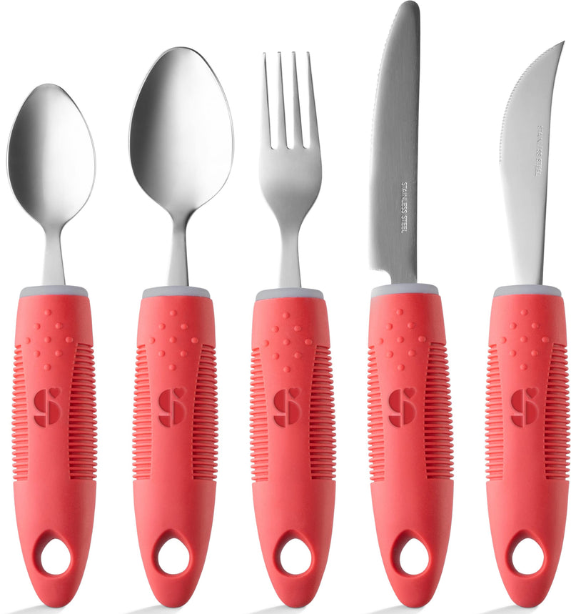 [Australia] - Special Supplies Adaptive Utensils (5-Piece Kitchen Set) Wide, Non-Weighted, Non-Slip Handles for Hand Tremors, Arthritis, Parkinson’s or Elderly Use - Stainless Steel Knives, Fork, Spoons - Red 