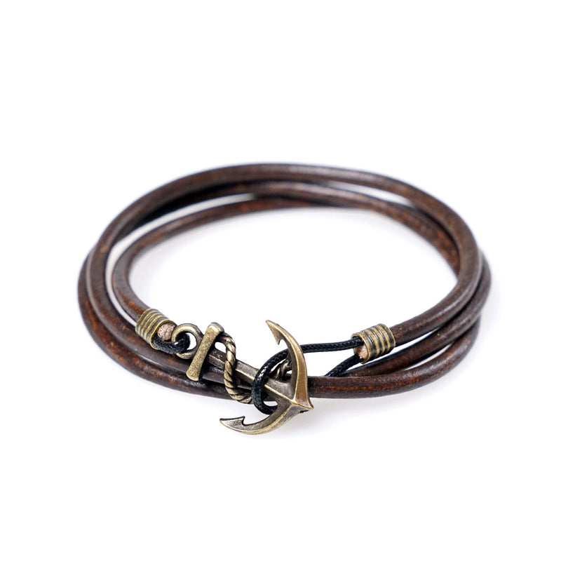 [Australia] - JBANS Handmade Brown Genuine Leather Wrap Bracelet for Mens - Metal Anchor Hook Mens Leather Bracelets, Men's Jewelry, M/L 2 Size - FITS 6.5"- 7.3" Wrist Size 18.0 Centimeters 