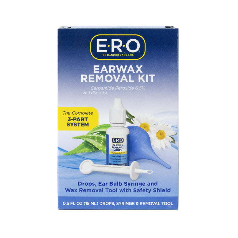 [Australia] - E-R-O Earwax Removal Kit for Complete Ear Care, with Carbamide Peroxide Earwax Removal Drops (0.5 fl oz), Ear Bulb Syringe and Ear Wax Removal Tool with Safety Shield 