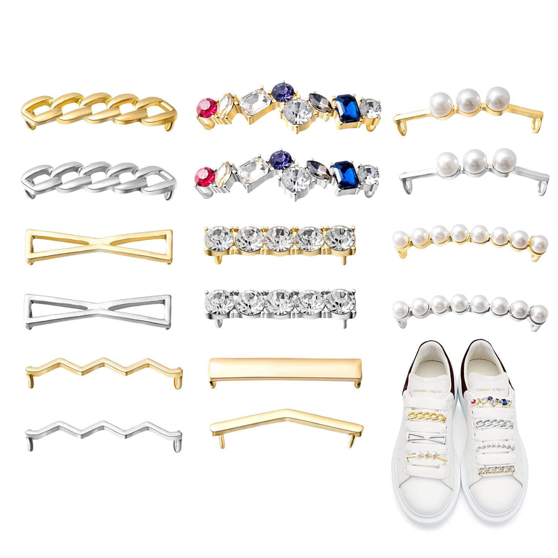 [Australia] - PANTIDE 16 Pieces Shoelaces Clips Decorations Charms with Faux Pearl Rhinestone Crystal Metal DIY Decorative Shoes Clips for Sneakers Skater and Casual Shoes Stylish Creative Accessory for Women Girls 