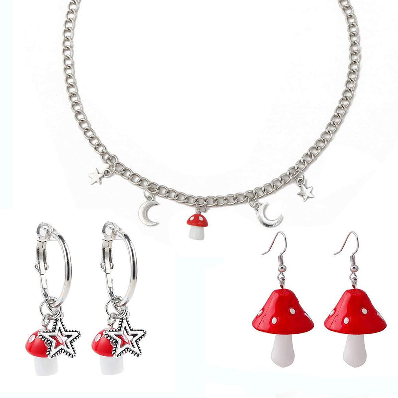 [Australia] - ZZ ZINFANDEL Star Moon Mushroom Necklace Earrings Set for Women Girls,Fashion Punk Chain with Charm 3D Simulation Mushroom Pendant Choker for Vegetables Jewelry A 