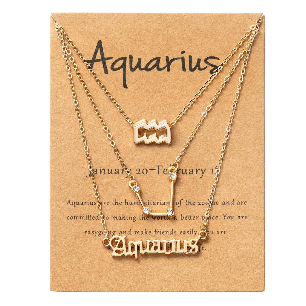 [Australia] - PANTIDE 3Pcs Constellation Zodiac Layer Necklaces for Women Girls, Retro Gold Plated 12 Constellation Pendant Necklace Exquisite Letter Horoscope Old English Zodiac Sign Necklace Jewelry Birthday Gift Aquarius 