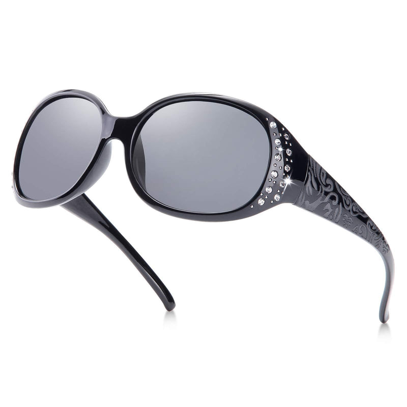[Australia] - Holota Rhinestone Polarized Sunglasses for Women, Retro Wrap Around Sunglasses for Driving Shopping - 100% UV Protection A1-black Frame/Grey Lens 