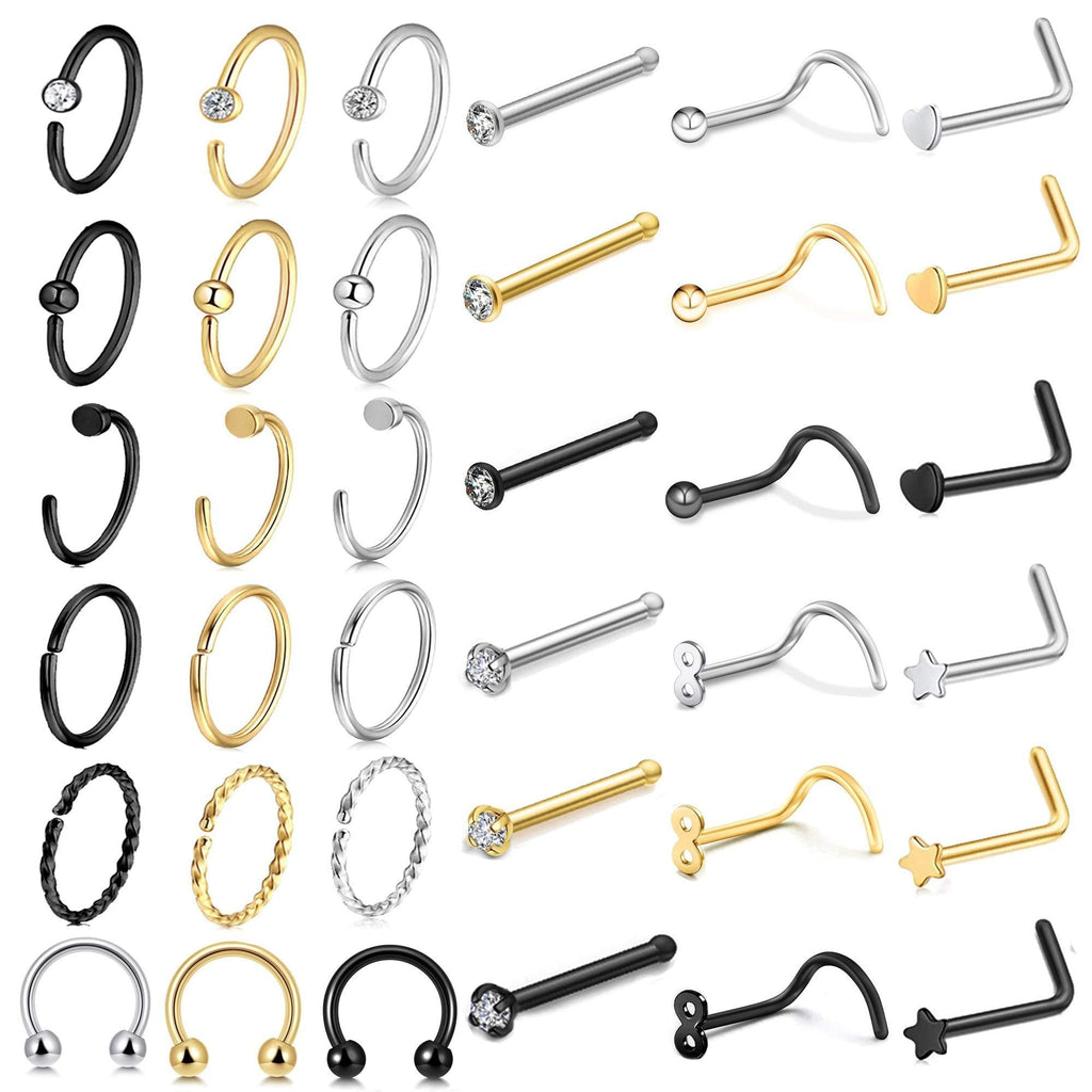 [Australia] - Sunligoo 20G Nose Rings Hoop Stainless Steel CZ Nose Ring Bone Pin L Shaped Nose Studs Screw Nose Nostrial Piercing Jewelry for Women Men Gold-Silver-Black 