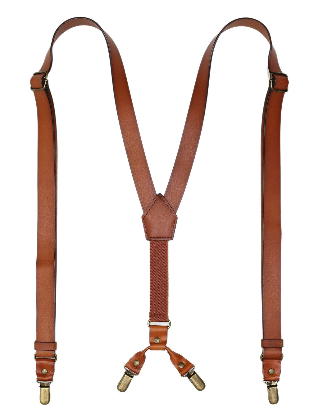 [Australia] - Leather Suspenders for Men Y Back Design Adjustable Suspender with 4 Metal Clips Groomsmen Gift Wedding Brown 