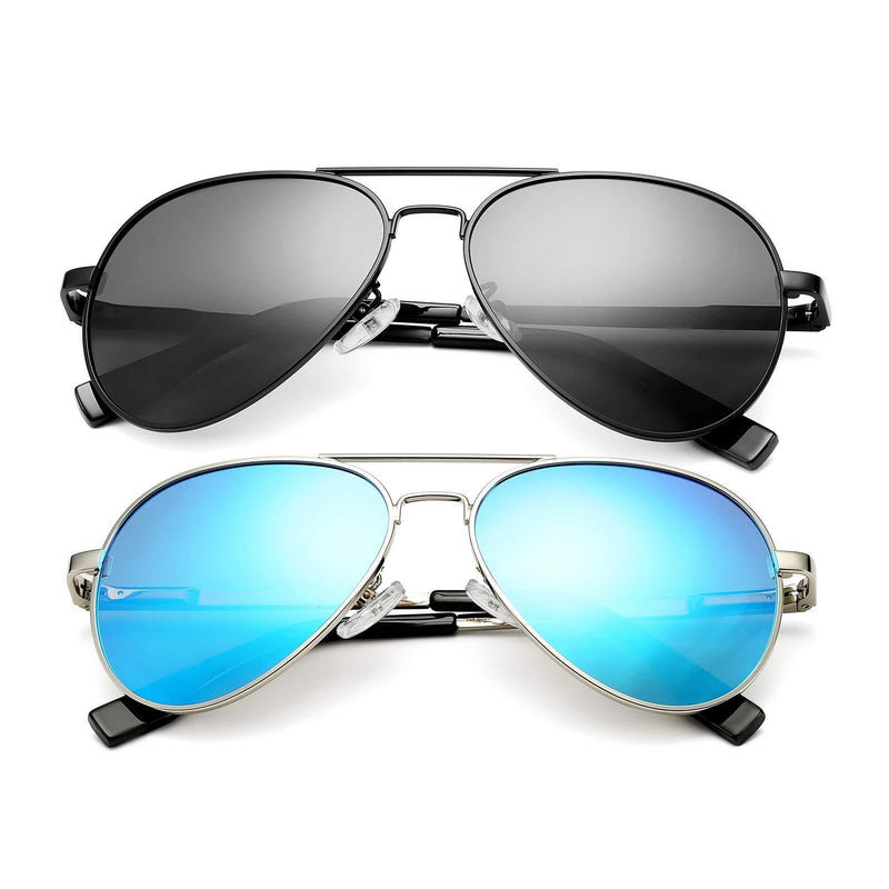 [Australia] - DeBuff Kids Polarized Aviator Sunglasses for Boys Girls Age 5-18, Adult Small Face 52MM (2 Pack,(black/Gray, Silver/Blue Mirrored) ) 