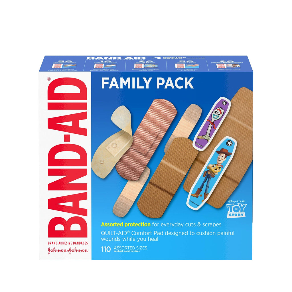 [Australia] - Band-Aid Adhesive Bandage Family Variety Pack in Assorted Sizes Featuring Water Block & Skin Flex, Flexible Fabric, Tough Strips & Pixar Character Bandages, 110 Count 110 Piece Assortment 