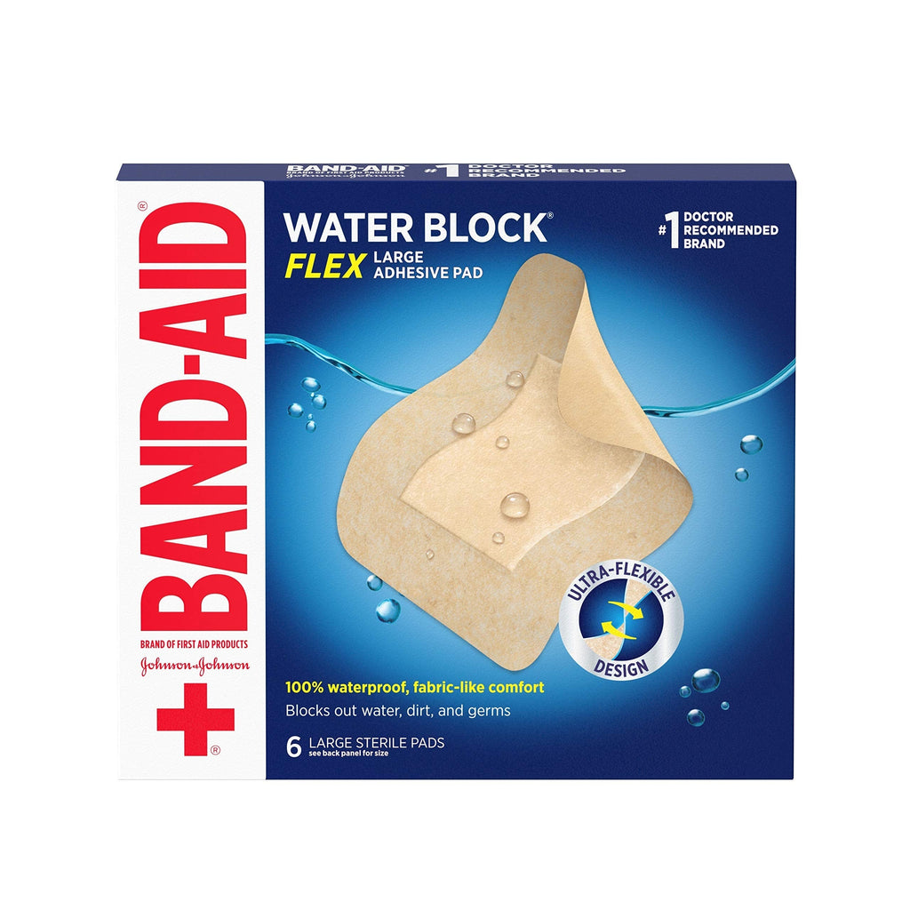 [Australia] - Band-Aid Brand Water Block Flex Large Adhesive Pads, 100% Waterproof Bandage Pads for First-Aid Wound Care of Minor Cuts, Scrapes & Wounds, Ultra-Flexible Design, Sterile, Large, 6 ct 