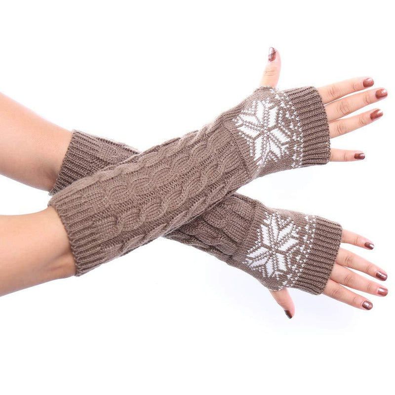 [Australia] - Urieo Winter Arms Warmers Khaki Acrylic Fibres Knit Warm Thumb Hole Gloves Mittens Decorative Pattern Cozy Long Fingerless Gloves for Women and Girls 