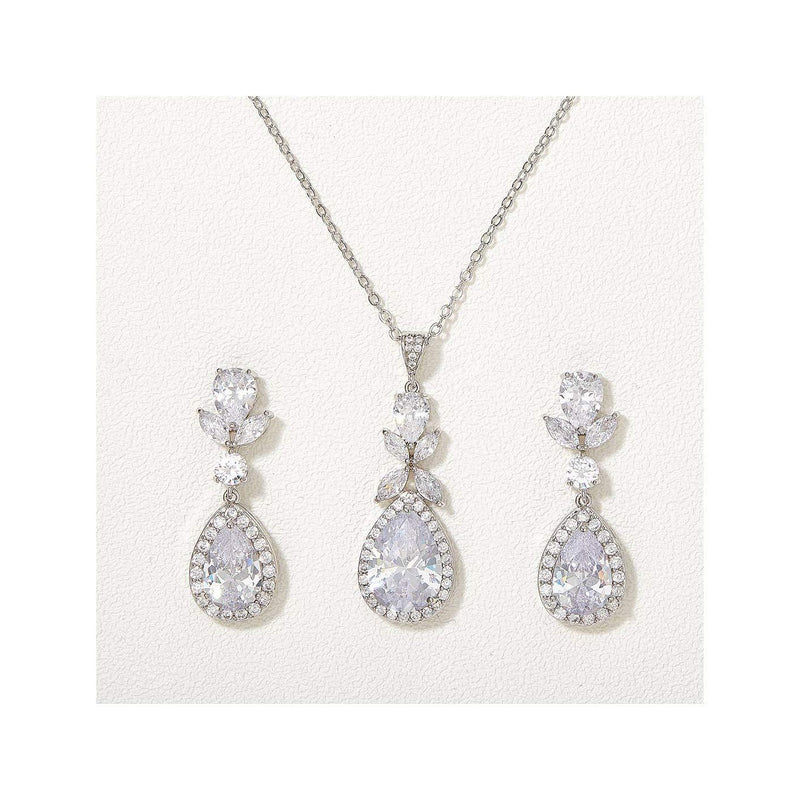 [Australia] - SWEETV Teardrop Wedding Bridal Jewelry Sets for Bridesmaids, Brides, Crystal Necklace Earrings Set for Women, Cubic Zirconia Wedding Prom Costume Jewelry Gifts Silver 