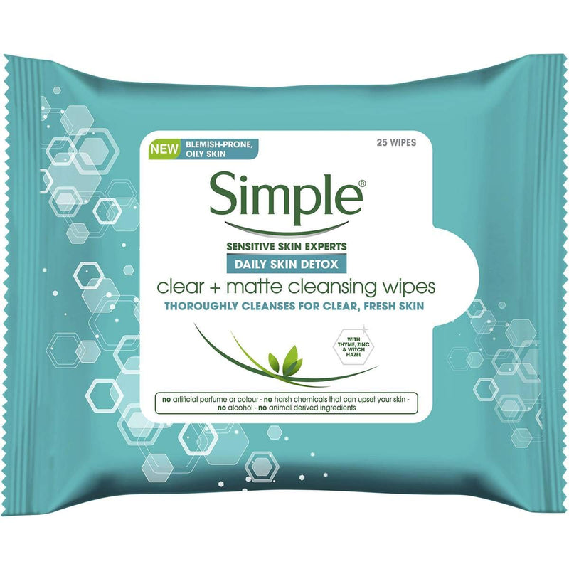 [Australia] - Simple Daily Skin Detox Clear + Matte Cleansing Wipes, Cleanses for Clear and Fresh Skin, 25 Count (Pack of 3) 