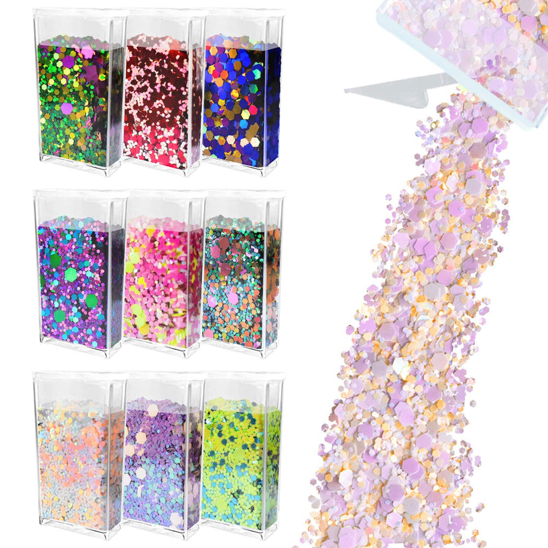 [Australia] - Glitter Wenida 9 Colors 105g Holographic Iridescent Multicolor Festival Sequins Craft Chunky Glitter for Arts Face Hair Body Nail Color #1 0.38 Ounce (Pack of 9) 