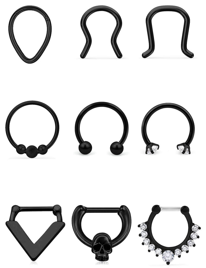 [Australia] - Hoeudjo Septum Jewelry 16G Septum Ring Horseshoe Cartilage Earring Hoops Nose Ring Clicker Helix Daith Tragus Piercing Jewelry for Women Men 9pcs, 16g, black 