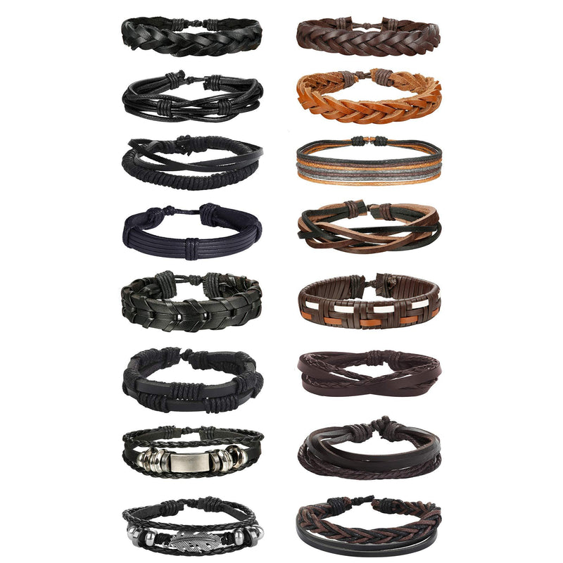 [Australia] - ORAZIO 14-16Pcs Braided Leather Bracelet for Men Women Cuff Wrap Bracelet Set Black and Brown Woven Rope Wristbands Bracelet Adjustable Style 1 